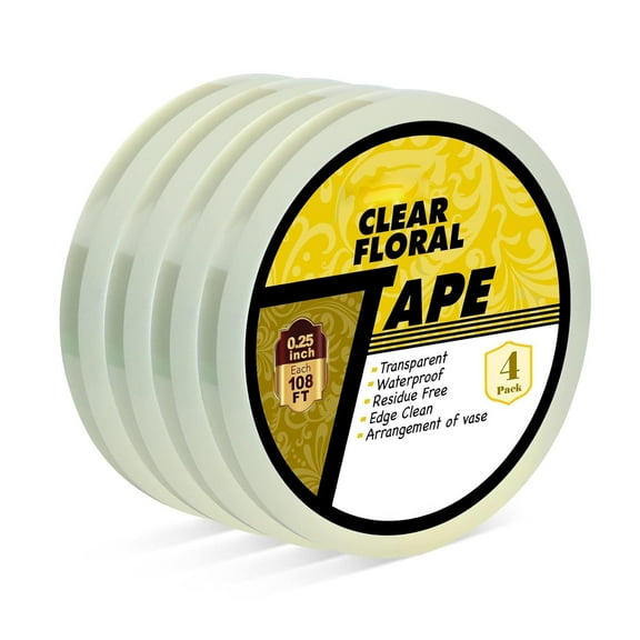 Clear Floral Tape, 4 Packs 1/4 Inch Wide Vase Tape, Waterproof Transparent Tape for Fresh Flower Bouquets, Flower Arrangements, Stem Wrapping, DIY Crafts, Grid Making for Wide Mouth Vases