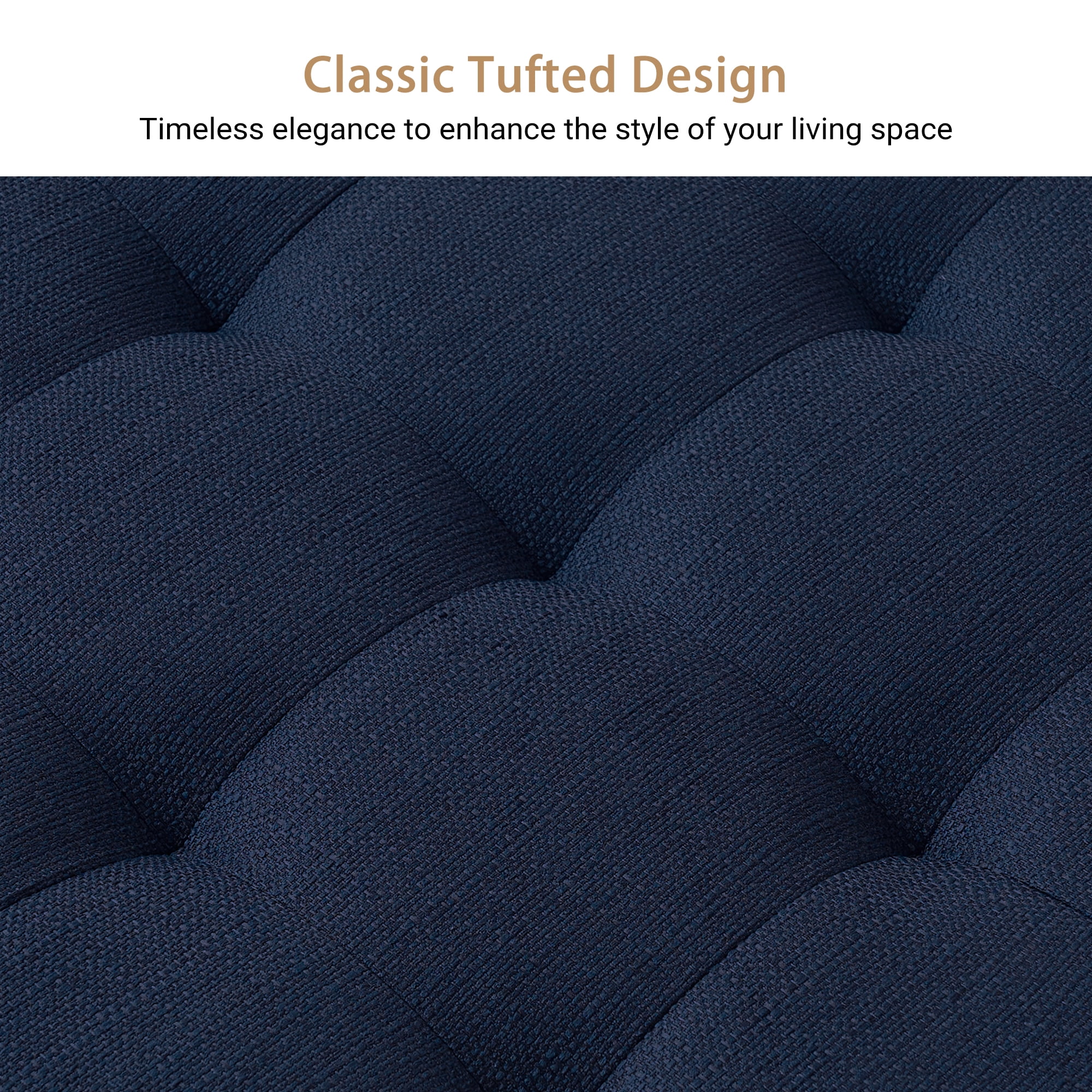Square Upholstered Ottoman Coffee Table with Storage Shelf, Linen Fabric, Tufted Top, 31.9"x31.9", Navy Blue