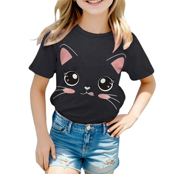 XQYLOS Kids' Cotton Short Sleeve Shirt Girls' Soft Summer Tee Girls Summer Loose Casual Trendy Cute Cat Printed Short Sleeve T Shirt Top Children'S Graphic T-Shirt