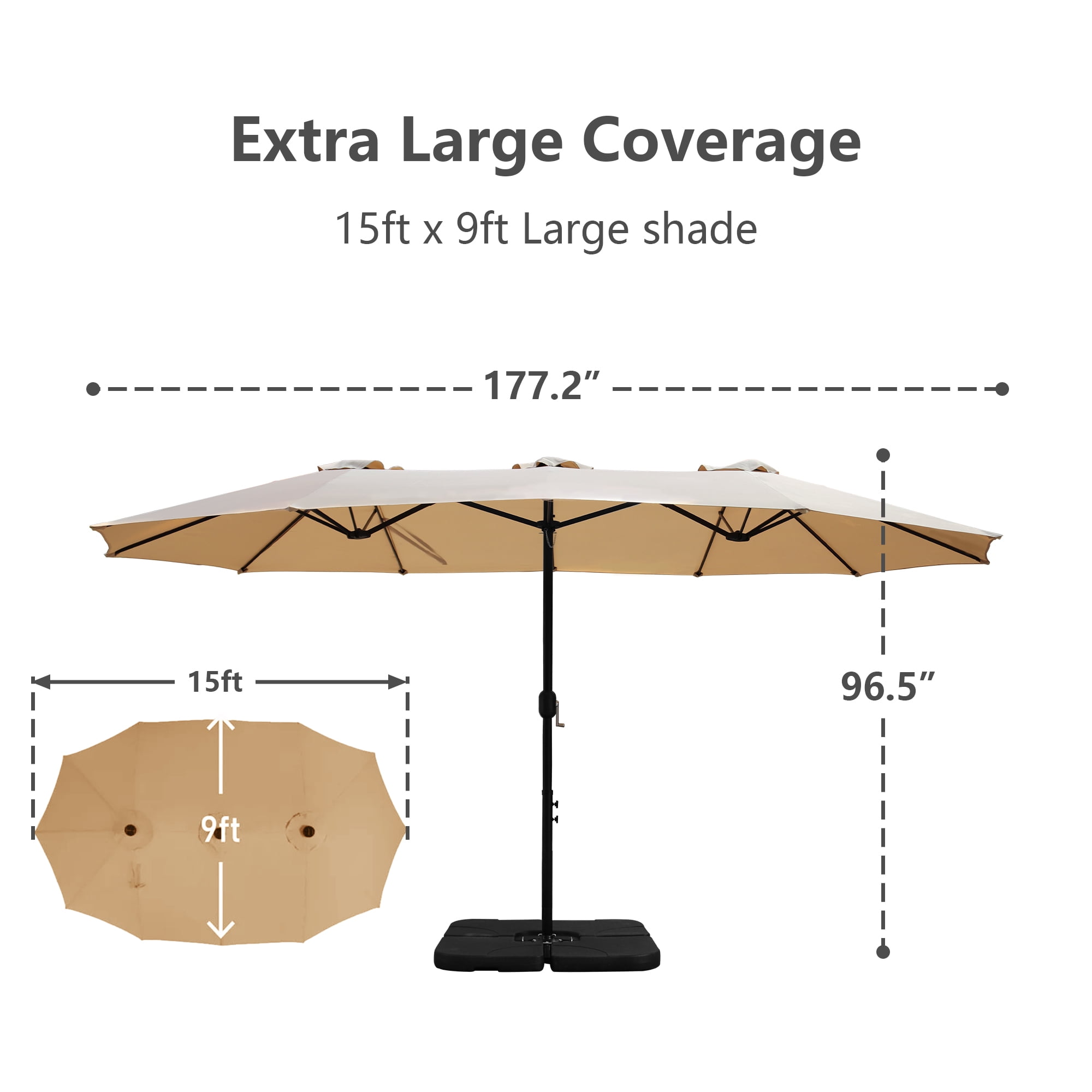 Abble 15x9 ft Large Double Sided Rectangular Patio Market Umbrella with Crank Lift - Heavy Duty Steel Sun Shade in Tan