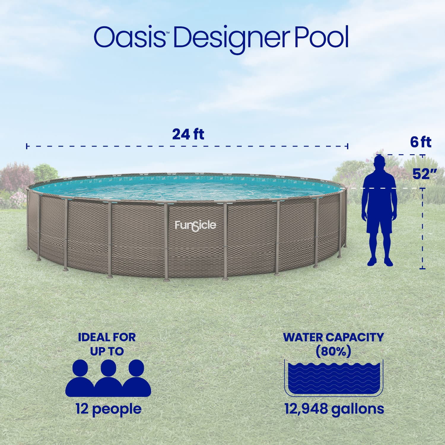 Funsicle Oasis Designer Above Ground Metal Frame Swimming Pool Set – with Sand Filter Pump, Ladder, Cover, Cloth & Maint. Kit, 24' x 52", Round, Double Rattan