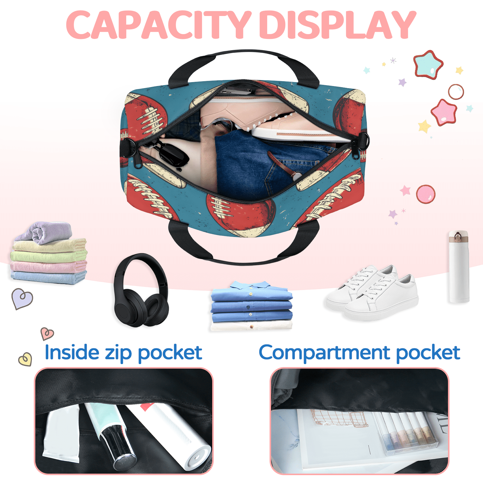 Herdesigns Rugby Sports Gym Bag for Women, Duffle Bag for Travel Sport, Football Lightweight Waterproof Carry on Weekender Dance Yoga Workout Bags
