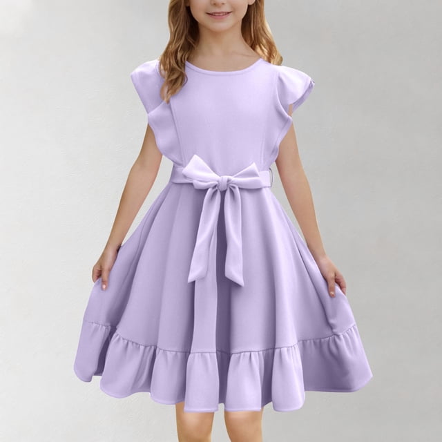 QTBIUQ Robe Ample à Col Rond et Manches Volantées pour Fille, Couleur Unie, avec Nœud, Jupe Courte Plissée et Taille Cintrée, Décontractée, Quotidienne, Polyvalente, Vacances, Fête, Jeu, Ensemble d'Été, Style Mode Mignon (Violet, 12 Ans)