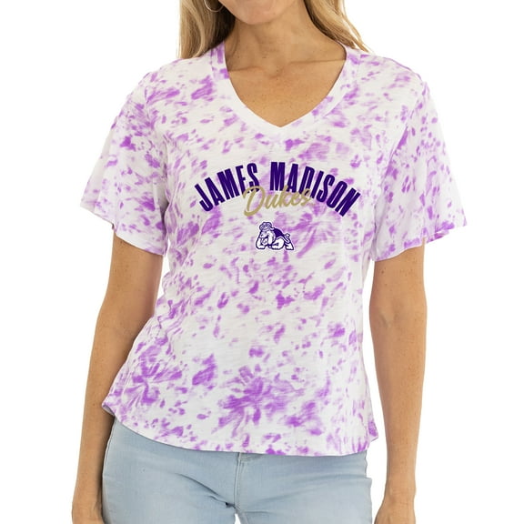 Women's White/Purple James Madison Dukes Faye Tie-Dye V-Neck T-Shirt