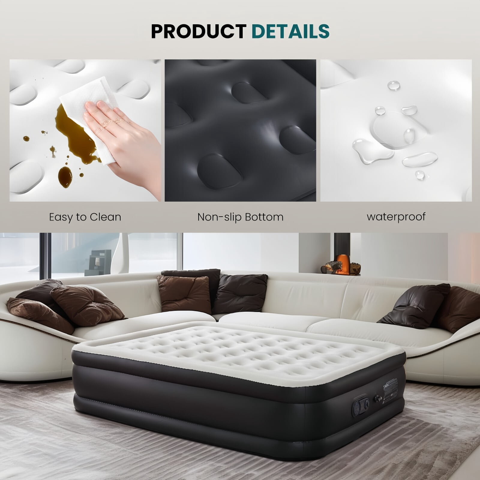 Kelno 22" Queen Air Mattress with Built in Pump Portable Inflatable Bed with Non Slip Bottom, Black