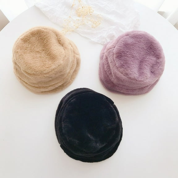 dianhelloya Warm hat 2-6 Years Girls Hat Furry Faux Mink Fur Leopard Solid Color Flat Top Fisherman Cap Autumn Winter Short Brim Bucket Hat for Outdoor Grey