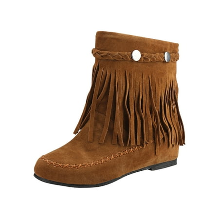 

Women s Retro Bootie Casual Lightweight Solid Color Fringed Frosted Suede Flat Inner Height Ankle Boots Brown Boots women size 4.5