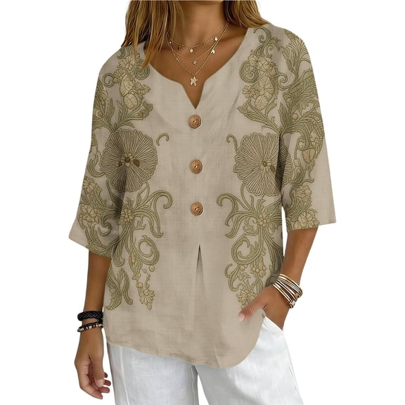 Ounisa 3/4 Sleeve Linen Shirts for Women Retro Floral Print Loose Button V Neck Blouse Lightweight Summer Tunic Tops