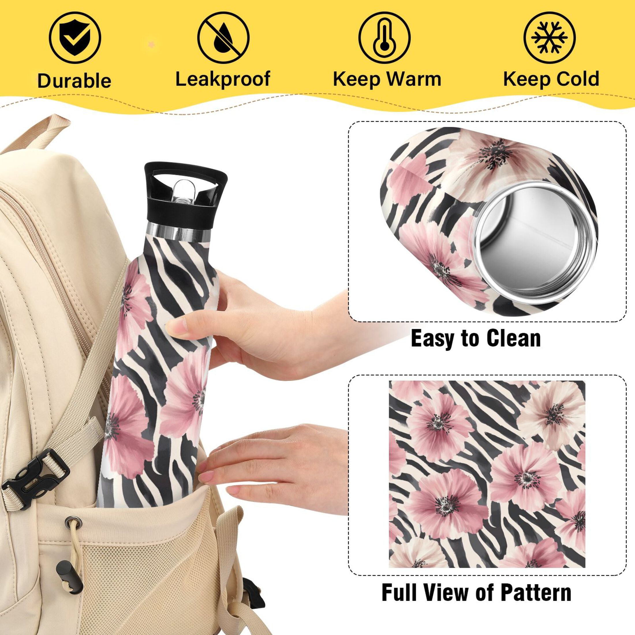Kids Insulated Stainless Steel Sports Water Bottle 600ml (20oz) Watercolor Flowers