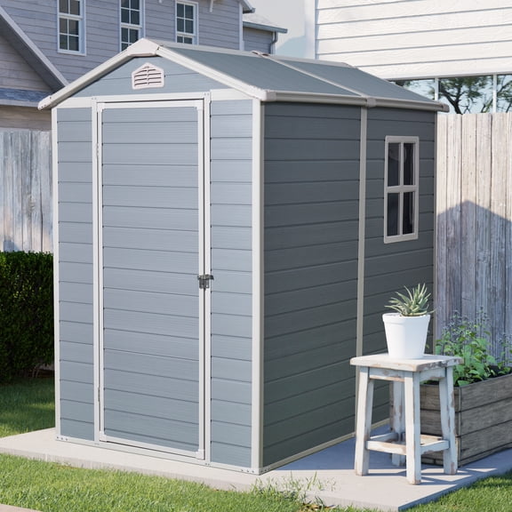 Olurrisa 4x6ft Gray Resin Outdoor Storage Shed, Lockable Patio Furniture Storage with Windows & Vents, All-Weather Garden Shed Kit