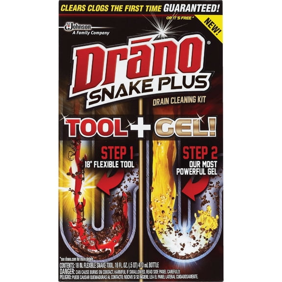 Drano Gel Drain Clog Remover and Cleaner 16oz and Snake Plus Tool 16 inches, Unclogs tough blockages, Commercial Line