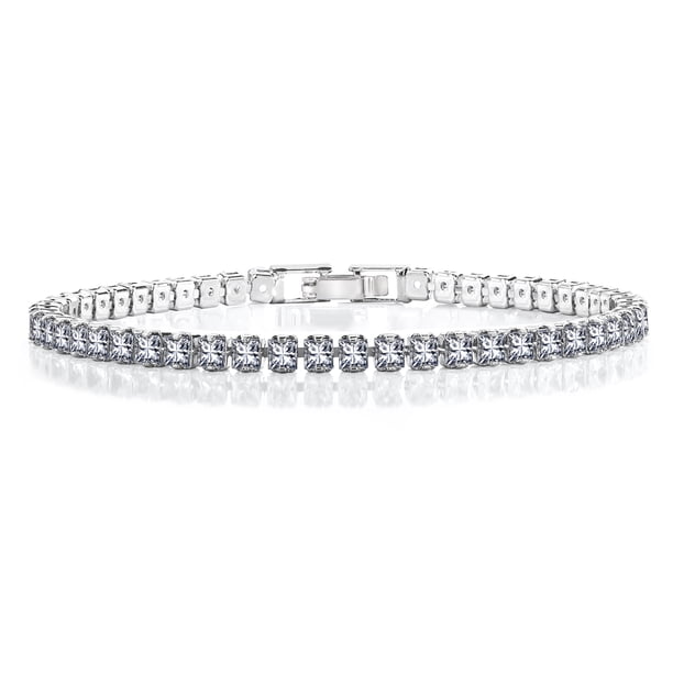JeenMata 5.5 TCW Corte Princesa Abril - Circonita Cúbica - Pulsera de Tenis con Piedra Natal para Mujer Diseño de Eternidad - Chapado en Oro Blanco