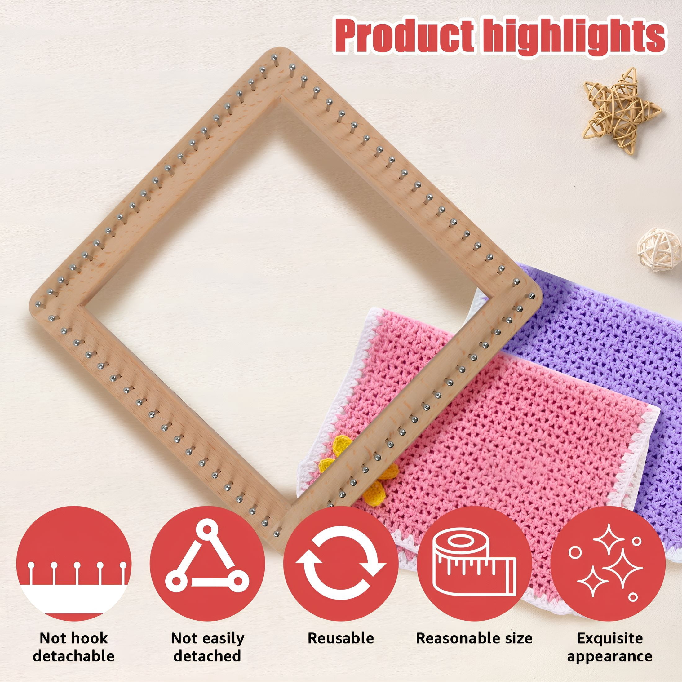 BESTSKY 2026 New Square Knitting Loom Beech Wood Knitting Board Diy Handcraft Weaving Loom with Non Detachable Hooks Multifunctional Knitting Loom Tools for Making Cushions Scarves Hats Shawls