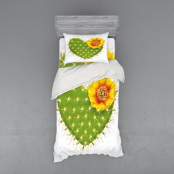 Ambesonne Cactus Bedding Set 3 Pcs, Thorny Opuntia Heart, Twin XL, Green Yellow Orange