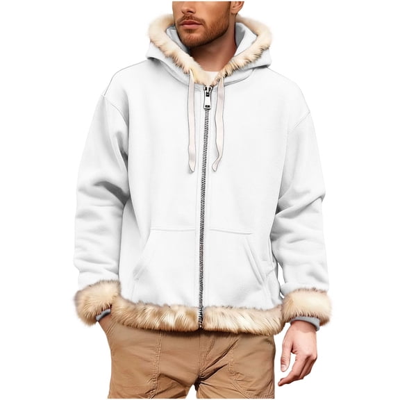 Hoodie Men Fuzzy Sherpa Solid Faux Fur Trim Hooded Sweatshirts Long Sleeve Zip Up Pullover Winter Warm Holiday Tops