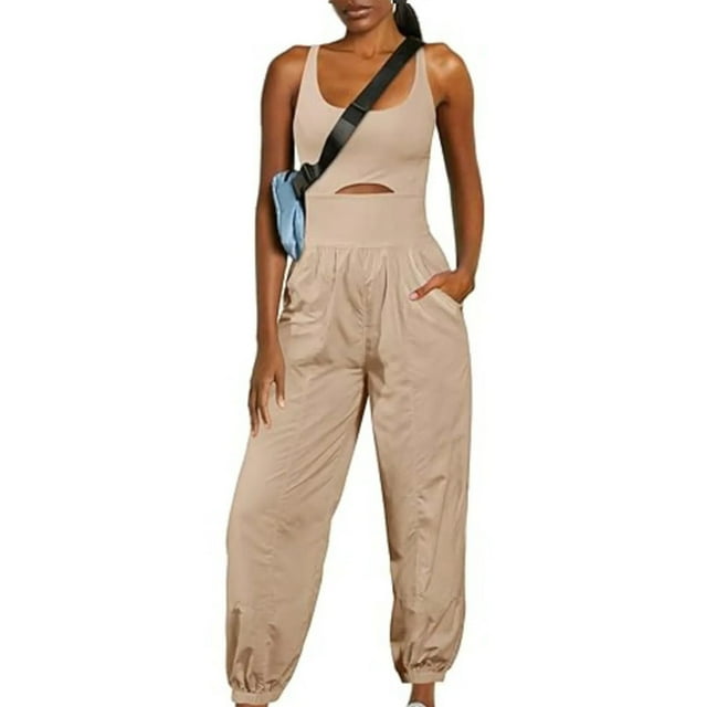 aidice Athletic Jumpsuits for Women Summer U Neck Sleeveless Keyhole Crisscross Backless Jogger Rompers