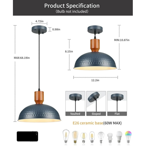 TRA-Blue Hammered Kitchen Island Light, 12.2’’ Industrial Pendant Light Fixture with Dome Lamp Shade, Adjustable Metal Hanging Pendant Lighting, Ceiling Mount Chandelier for Dining Room, Bedroom