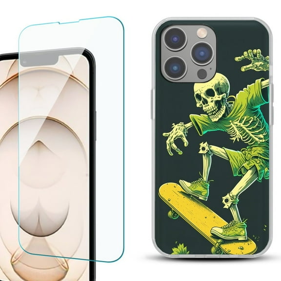 OneToughShield ® for iPhone 15 Pro Max Shockproof Fashion Phone Case, with Tempered Glass Screen Protector - Skeleton Skater