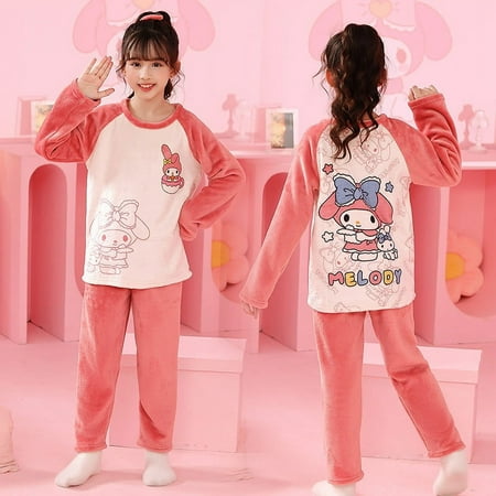 

Sanrio Cinnamoroll Winter Thicken Children Pajamas Set Kuromi Kitty Boy Girl Flannel Fleece Warm Sleepwear Kids Home Suit Anime