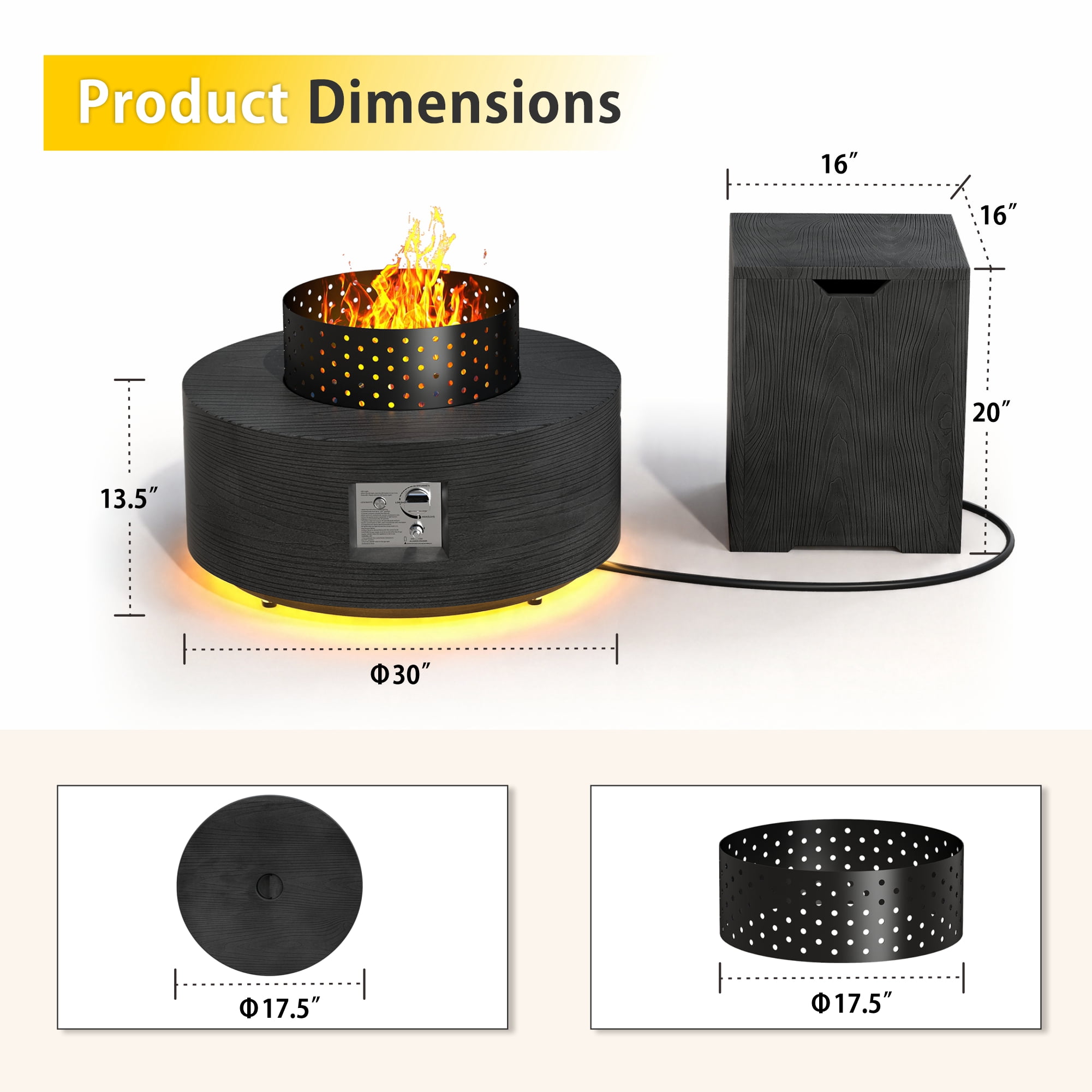 30 in. Round Propane Firepit Table with Golden LED Light, 50,000 BTU Outdoor Fire Pit Table in Dark Gray Wood Grain