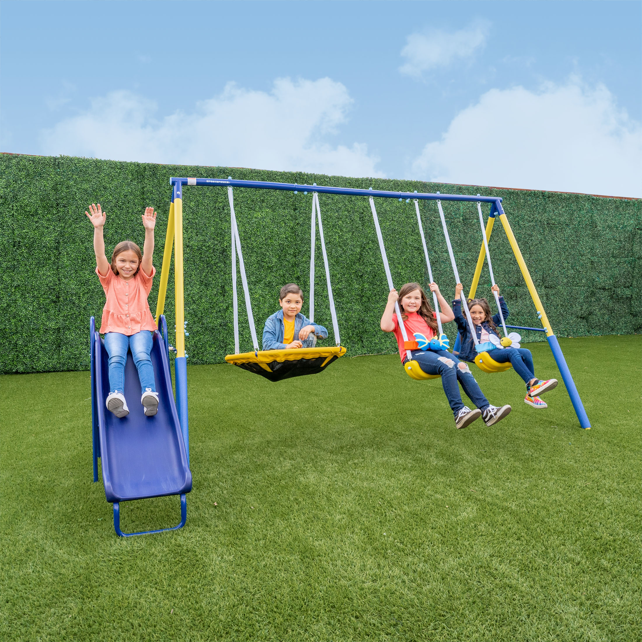 Sportspower Super Flyer Swing Set with 2 Flying Buddies, Saucer Swing, 2 Swings, and Lifetime Warranty on Blow Molded Slide - image 2 of 14