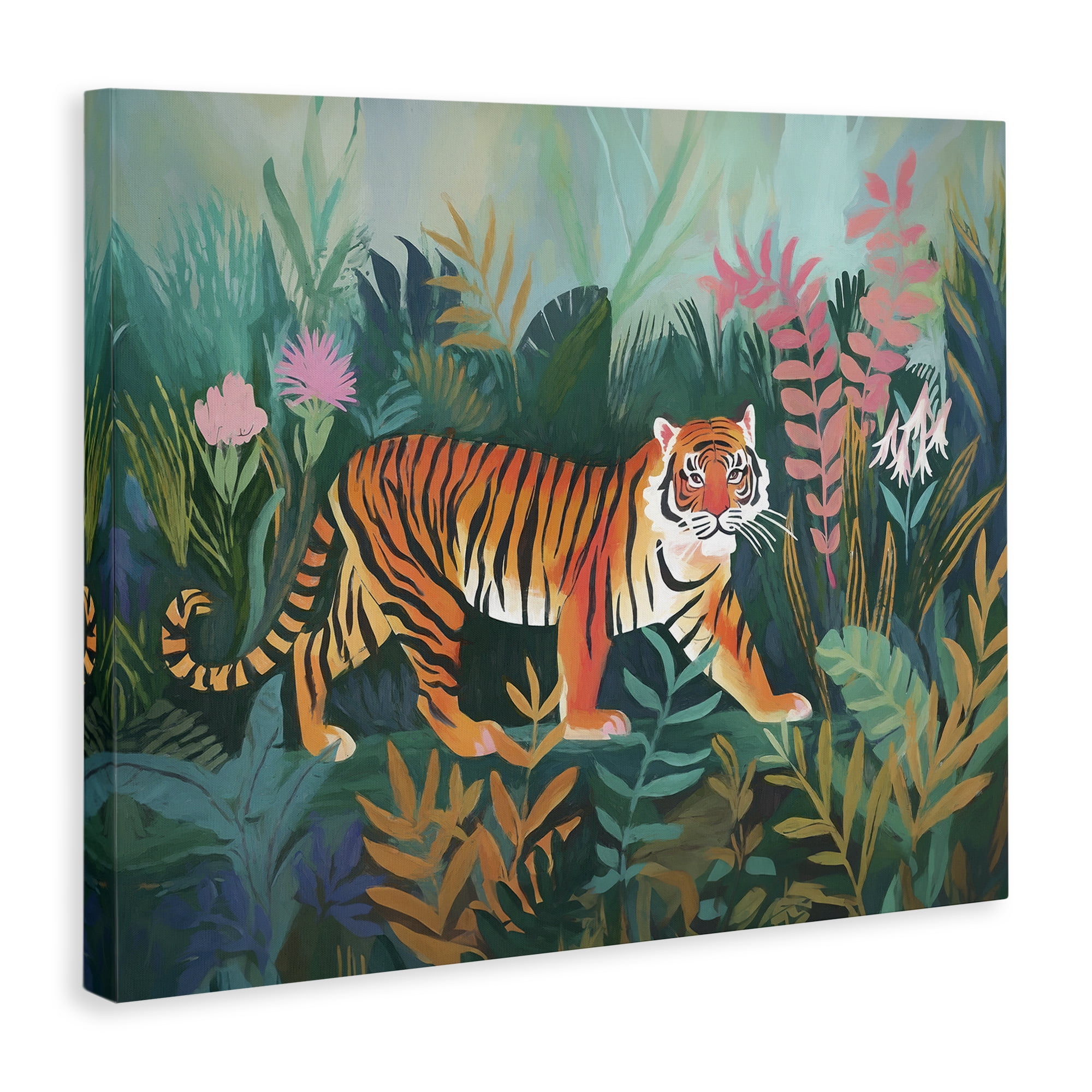 Stupell Industries Tiger in Jungle Leaves Animals & Insects Painting Gallery Wrapped Canvas Art Print Wall Art, 48 x 36