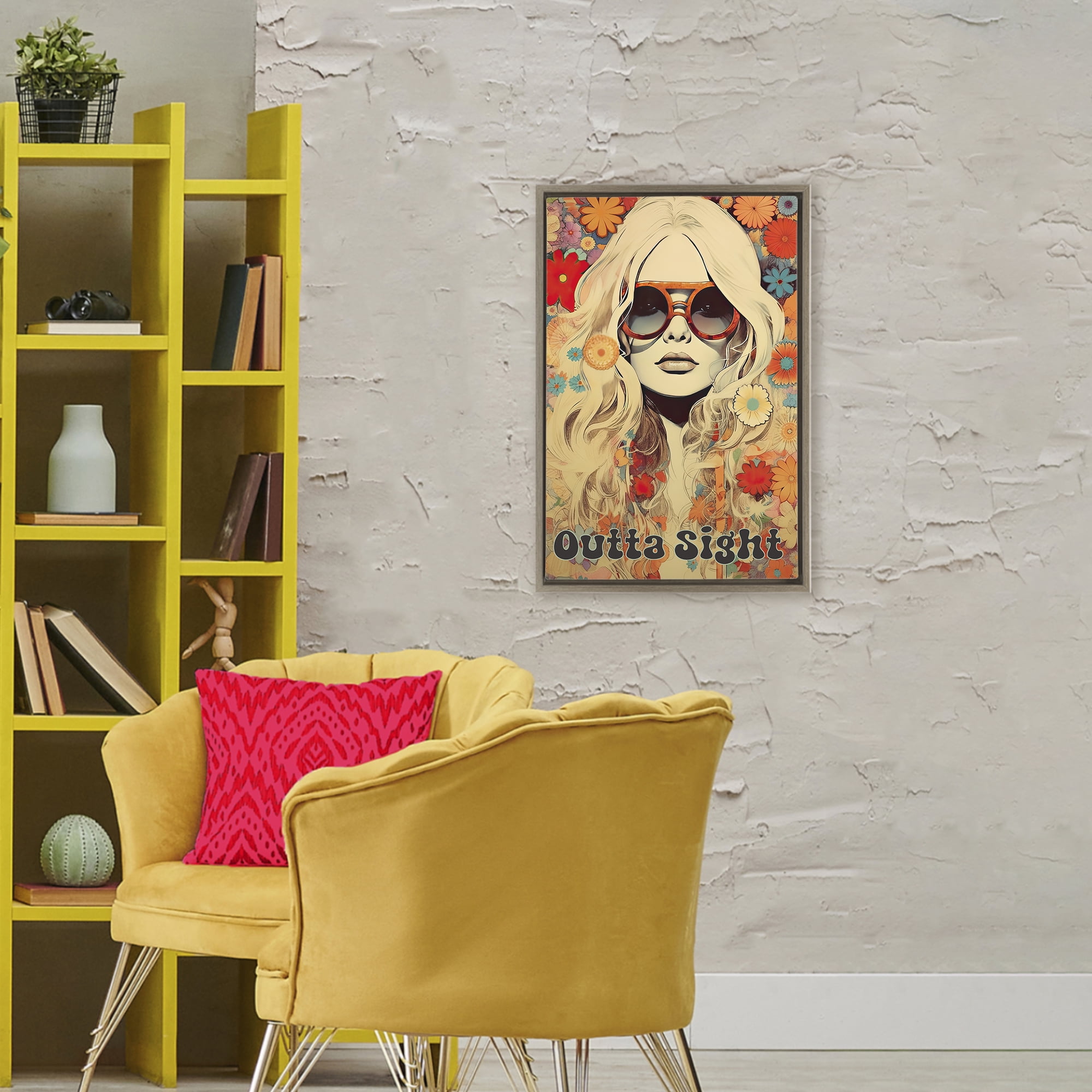 Outta Sight Hippie Girl Brown Framed Floater Canvas Wall Art, design by Sasha
