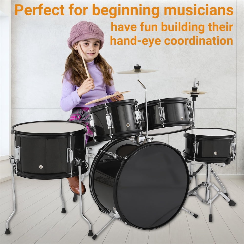 5 Piece Kids Drum Set, Junior Drum Kit with Bass Drum, Tom, Snare Drum, Hi-Hat, Cymbal and Drum Pedal, Full 16in Youth Drum Set with Drumsticks and Drum Stool for Boys and Girls
