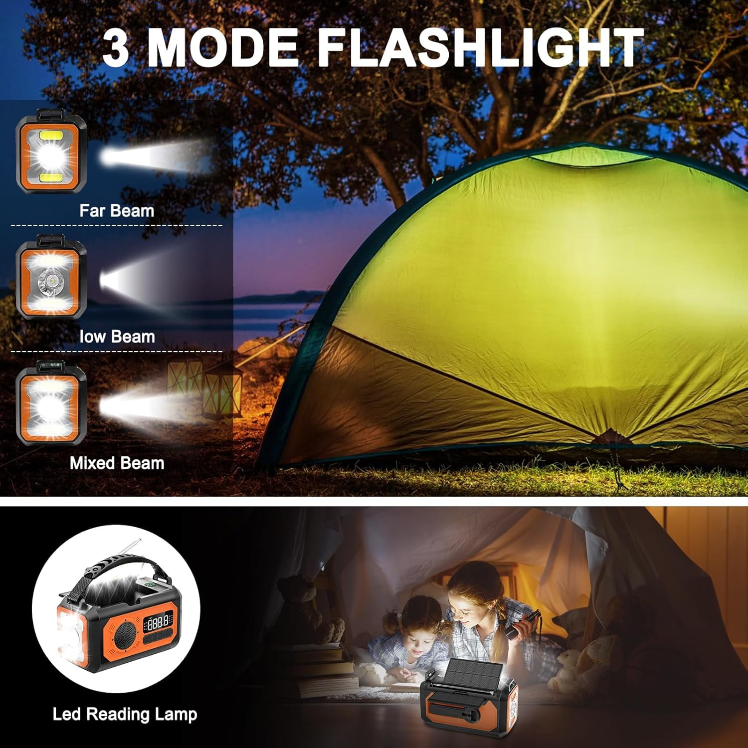 12000mAh Emergency Radio, AM/FM/NOAA Weather Alert Radio, Portable Hand Crank Radio Solar/Type-C Charging Outdoor Radio with Torch & LED Reading Lamp, SOS Alarm, Compass, Power Bank (Orange)