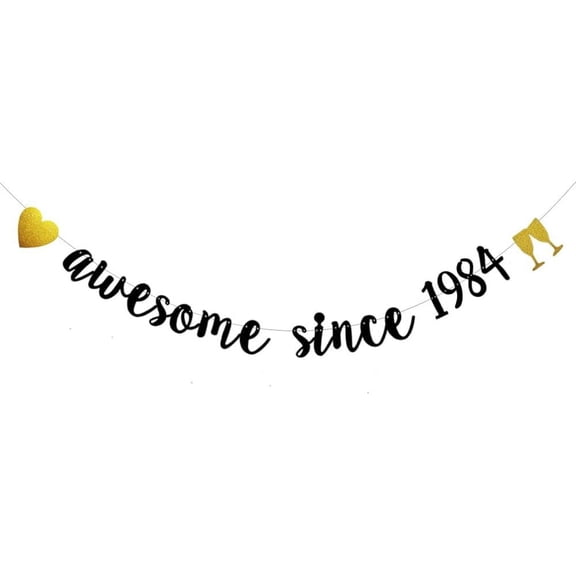 Awesome Since 1984 Banner, Pre-Strung,Black Glitter Paper for Boy's Man's 40th Birthday Party Decorations Supplies, No Assembly Required,Black,