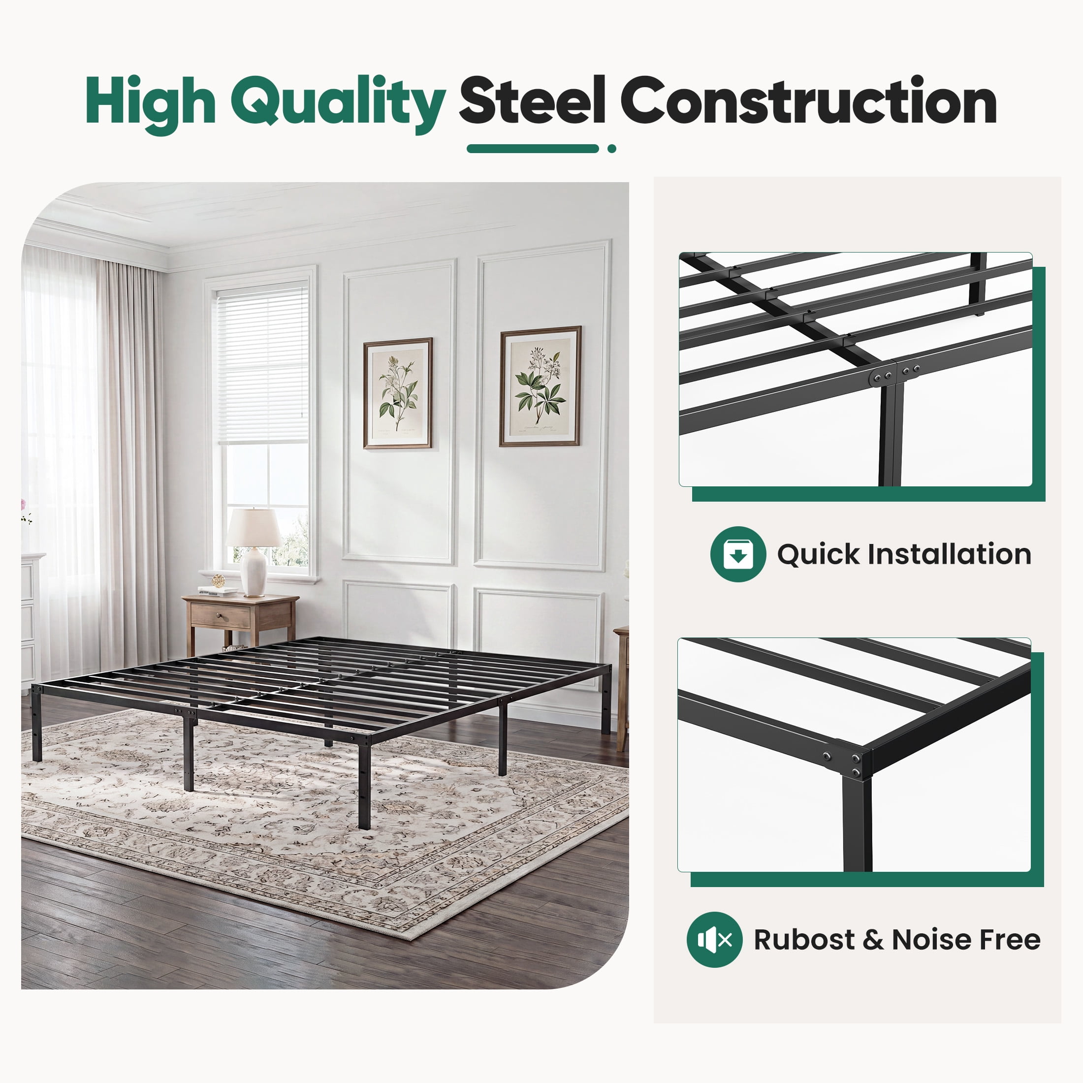 EDX 18 Inch Full Bed Frame, Extra Tall Metal Platform with Steel Slats, Heavy Duty, Under Bed Storage, Noise Free, Easy Assembly, Black