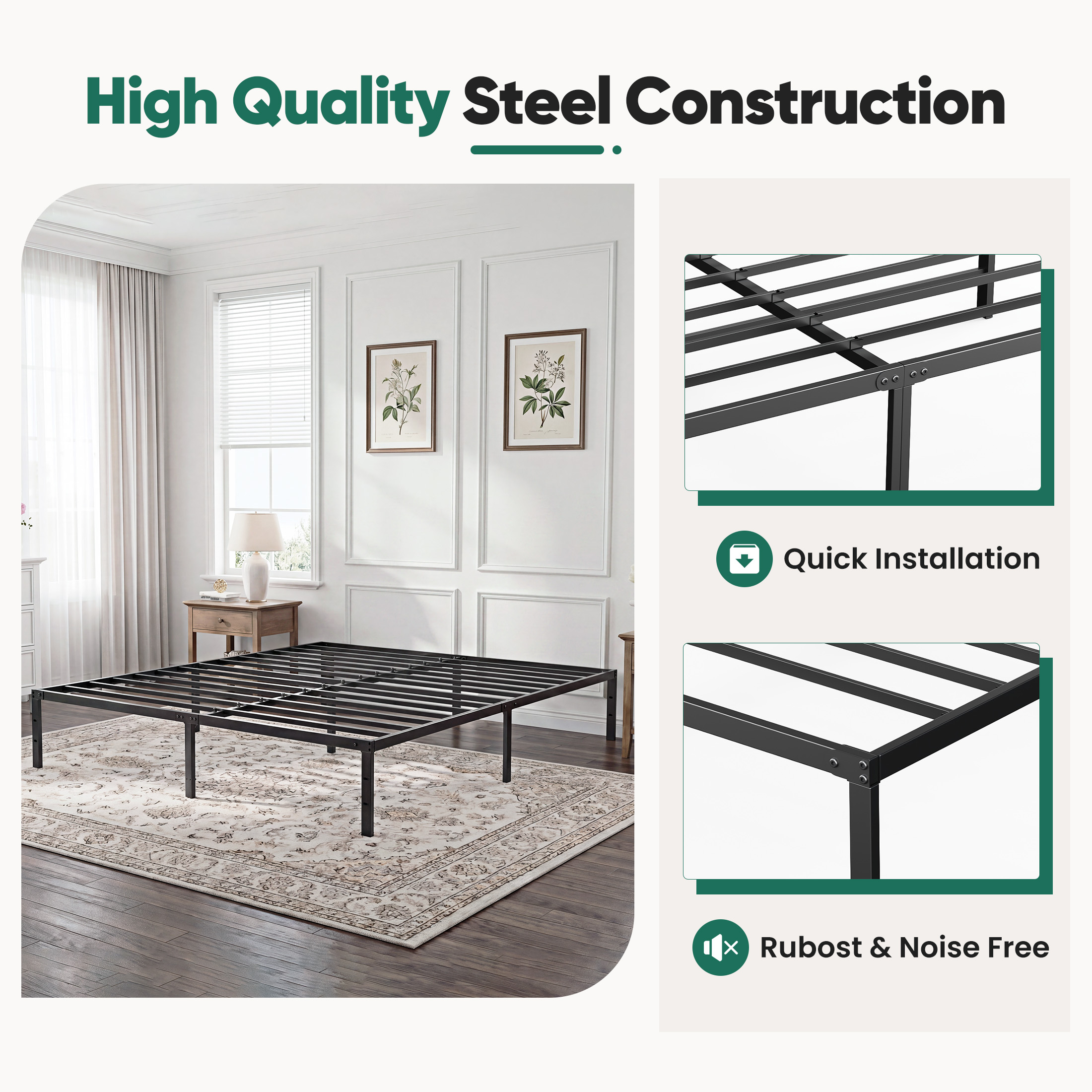 EDX 18 Inch Queen Metal Platform Bed Frame, Black photo 7