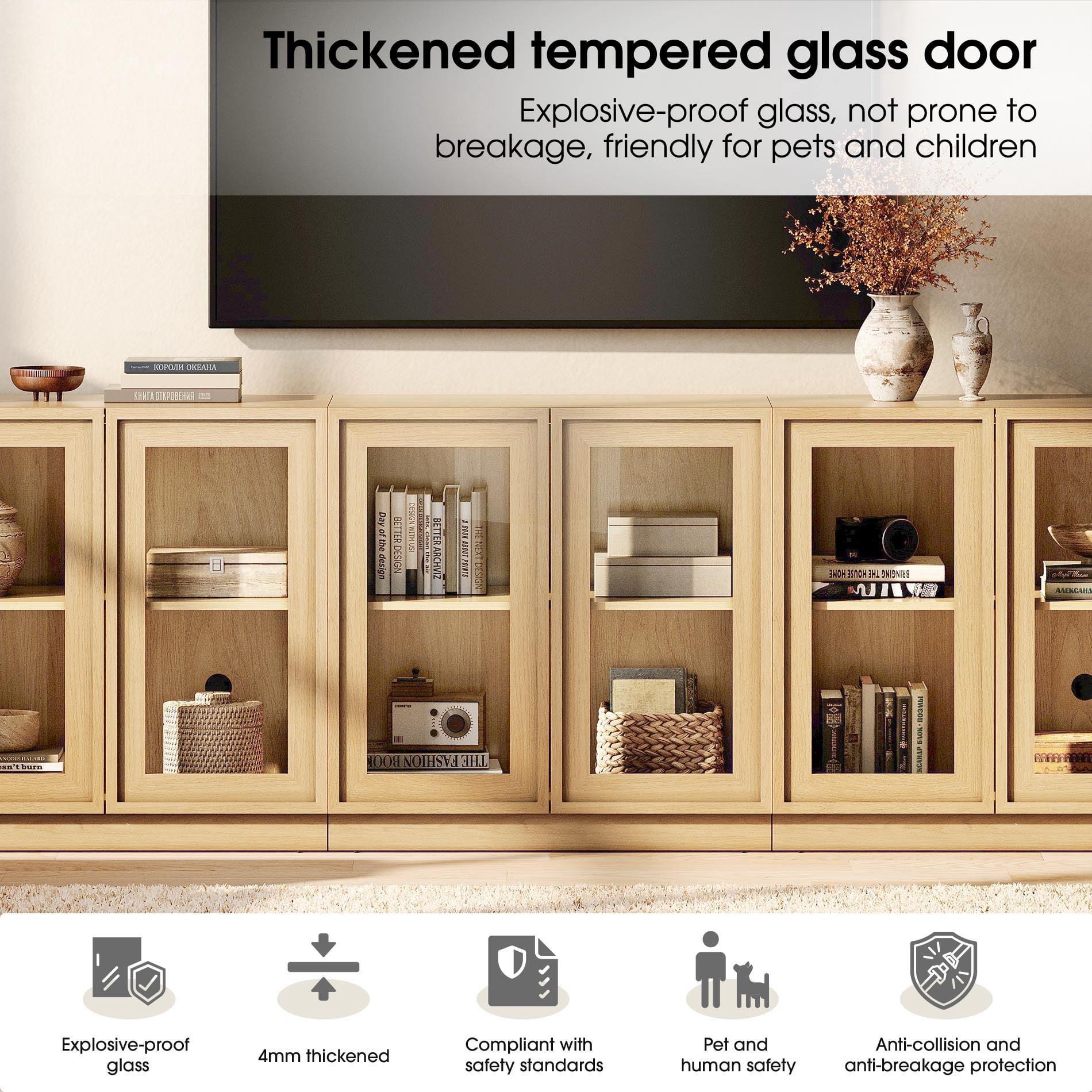 94.5" Modern Sideboard Buffet Cabinet with 6 Glass Doors, Multifunctional Sideboard with Large Storage and Adjustable Shelf, Oak