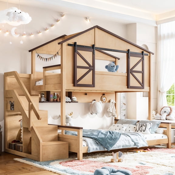 Twin over Full House Bunk Bed, Bunk Bed with barn style sliding doors and Storage Shelves, Bunk bed with storage stair, Playhouse Bunk Bed for Kids Teens, No Box Spring Needed.Natural