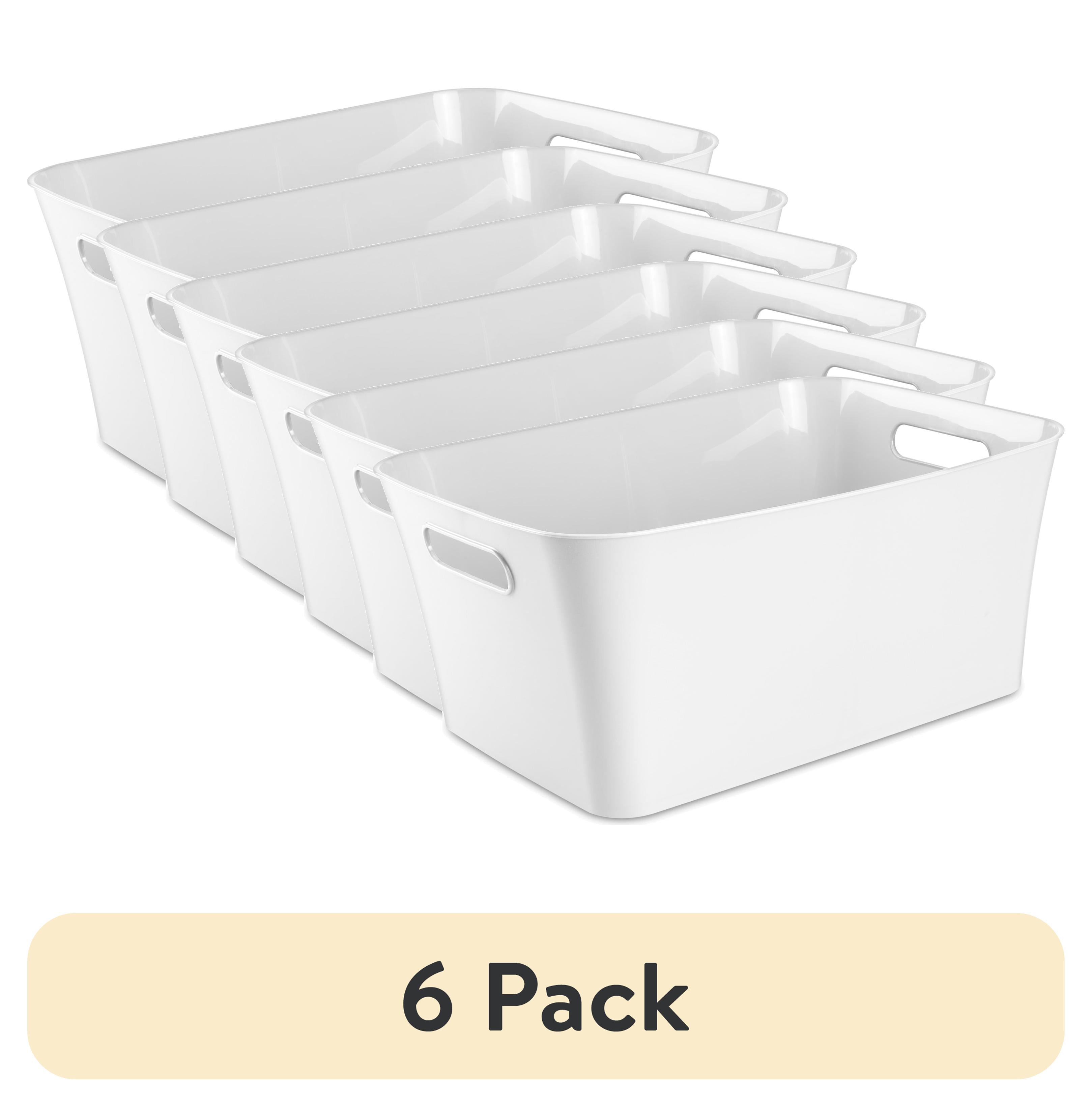 (6 pack) Mainstays Large Bin, Open Plastic Storage Containers, Versatile Stylish Organizers with Handles, White