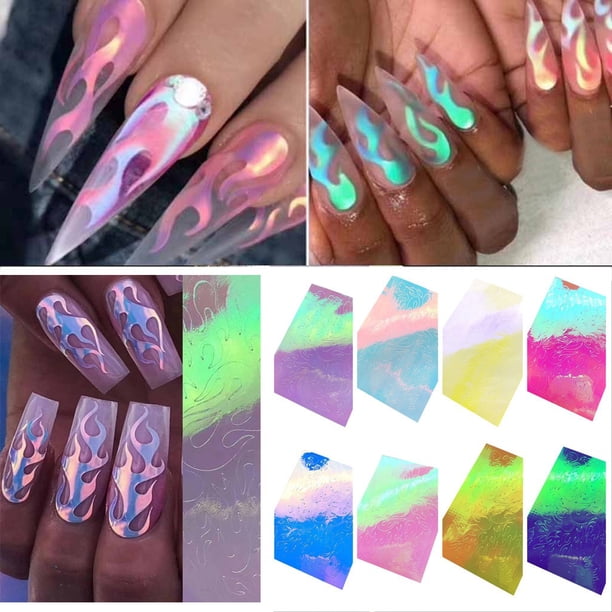 Pegatinas para uñas para decoración de uñas, pegatinas para uñas para mujeres, 8 piezas, pegatinas para decoración de uñas con reflejos de llama, láminas adhesivas, pegatinas para decoración de uñas D