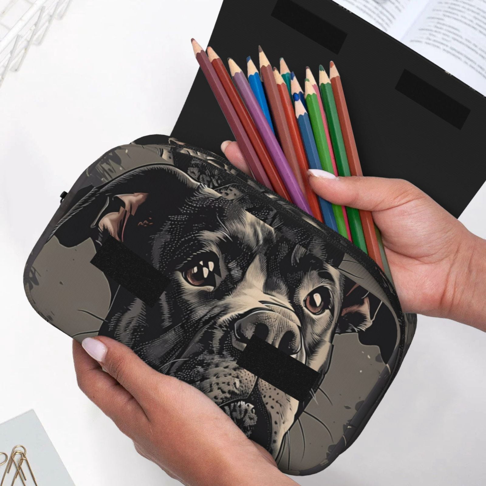 Rateoe Vintage Dog Illustration Pattern Double Clamshell Pen Case, Storage Organizer with Two Zipper Compartments– Holds Up to 50 Pencils & Pens