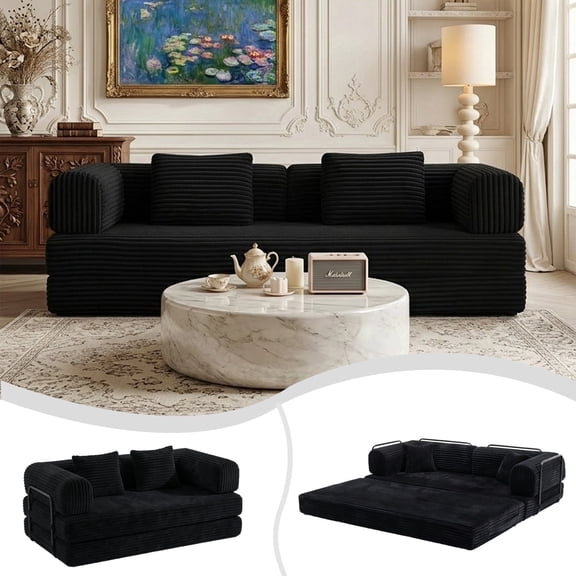 CKEASEAN 74" Corduroy Comfy Convertible Sleeper Sofa Bed, Loveseat Boneless Couch with Backrest Support, 5-in-1 Floor Sofa with Removable Armrests, No Assembly Required for Living Room, Dorm, Studio