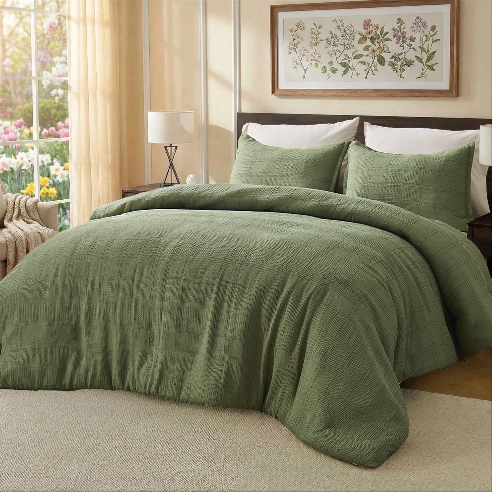 Regency Heights Waffle Weave Duvet Cover Set Full/Queen Size, Breathable Duvet Cover Set for All Season, 3-Piece Textured Bedding Set with Pillow Shams, Green