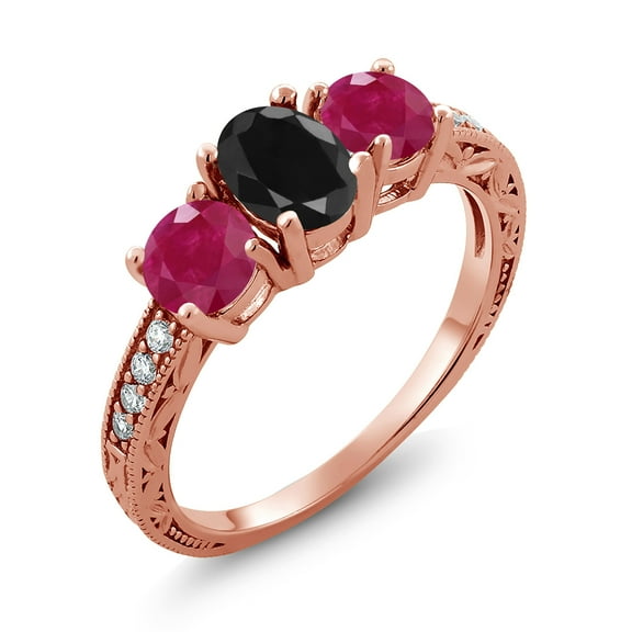 Gem Stone King 2.32 Ct Oval Black Sapphire Red Ruby 18K Rose Gold Plated Silver Moissanite Ring (Size 5)