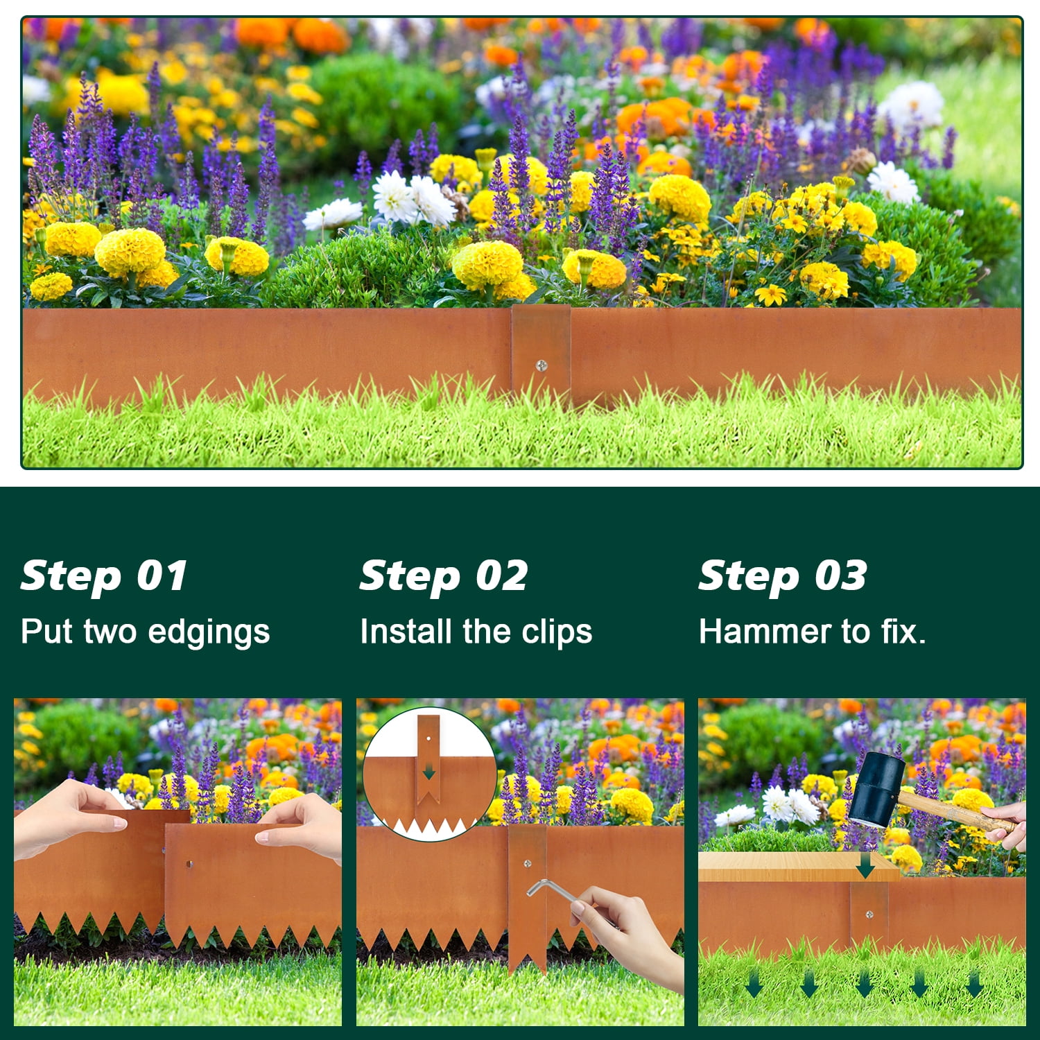 20FT Silver Edging for Landscaping Metal Corten Steel Garden Divider Flower Bed Fence DIY Landscape Strips Bendable Stakes Edge for Pathway Lawn Grass Plant Yard Outdoor Hammer-in, 6"