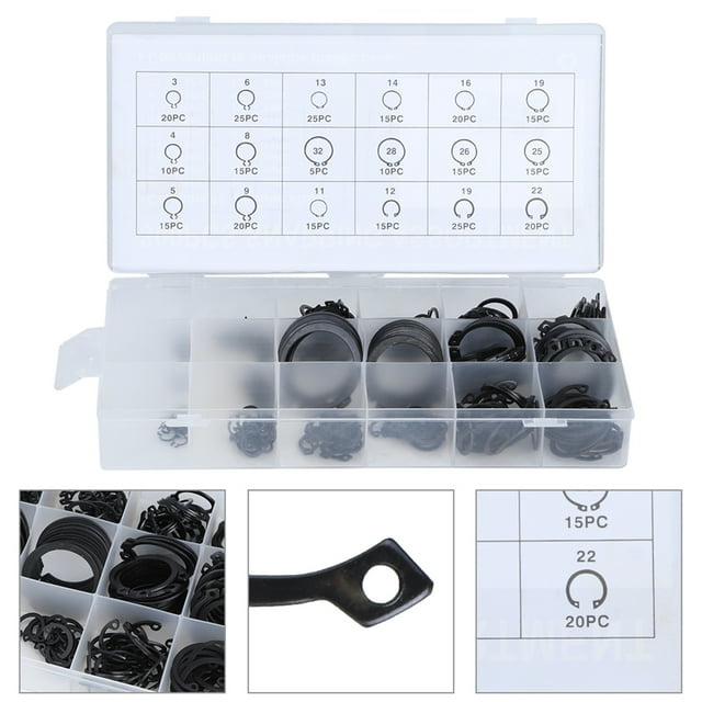 300Pcs External Retaining Set, Metal, 2-32mm Sizes, Plastic Case Included, Small Replacement Clips for Various Tasks