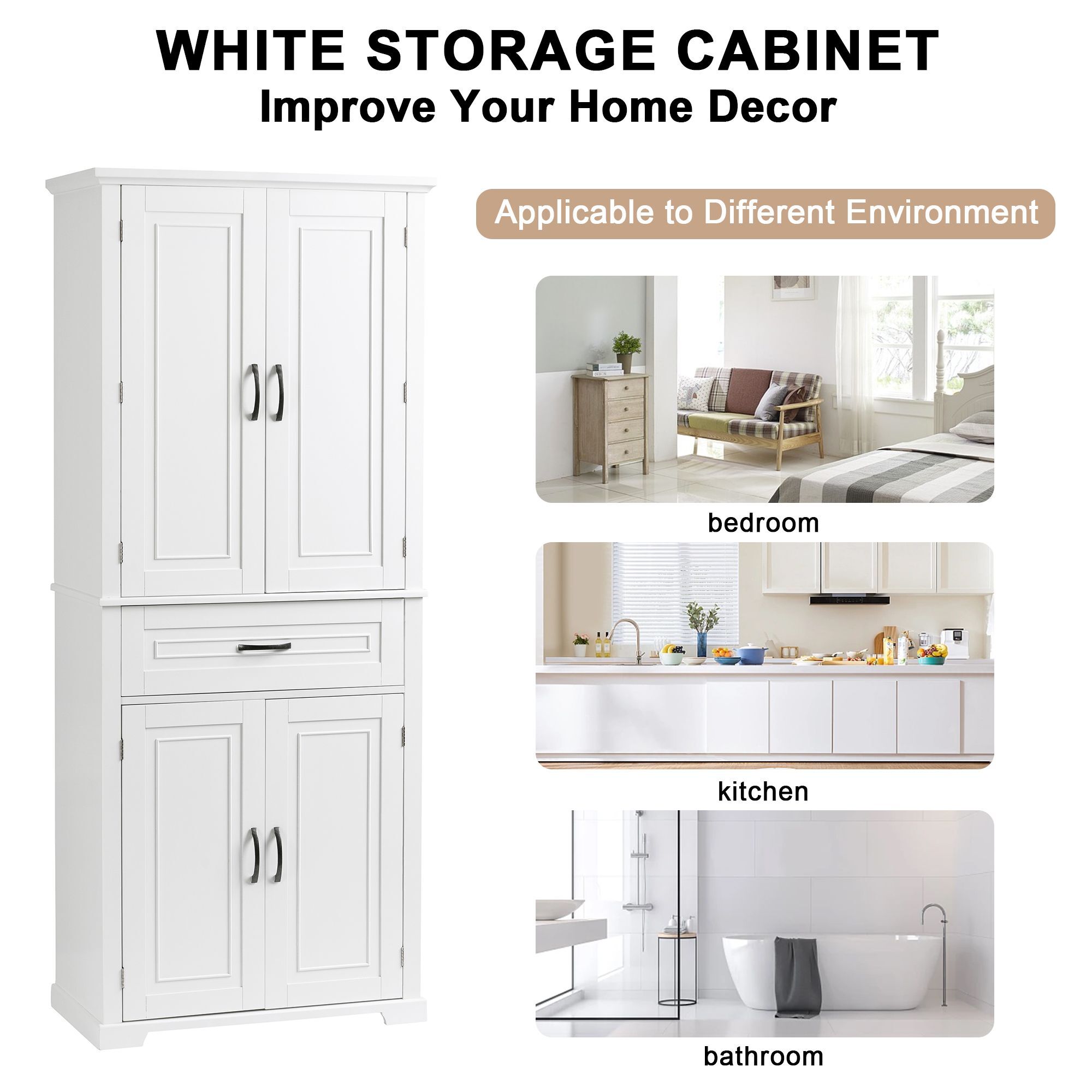 DEALTOPS Tall Storage Cabinet with Spacious Storage, Wide Cabinet with Storage Racks, White