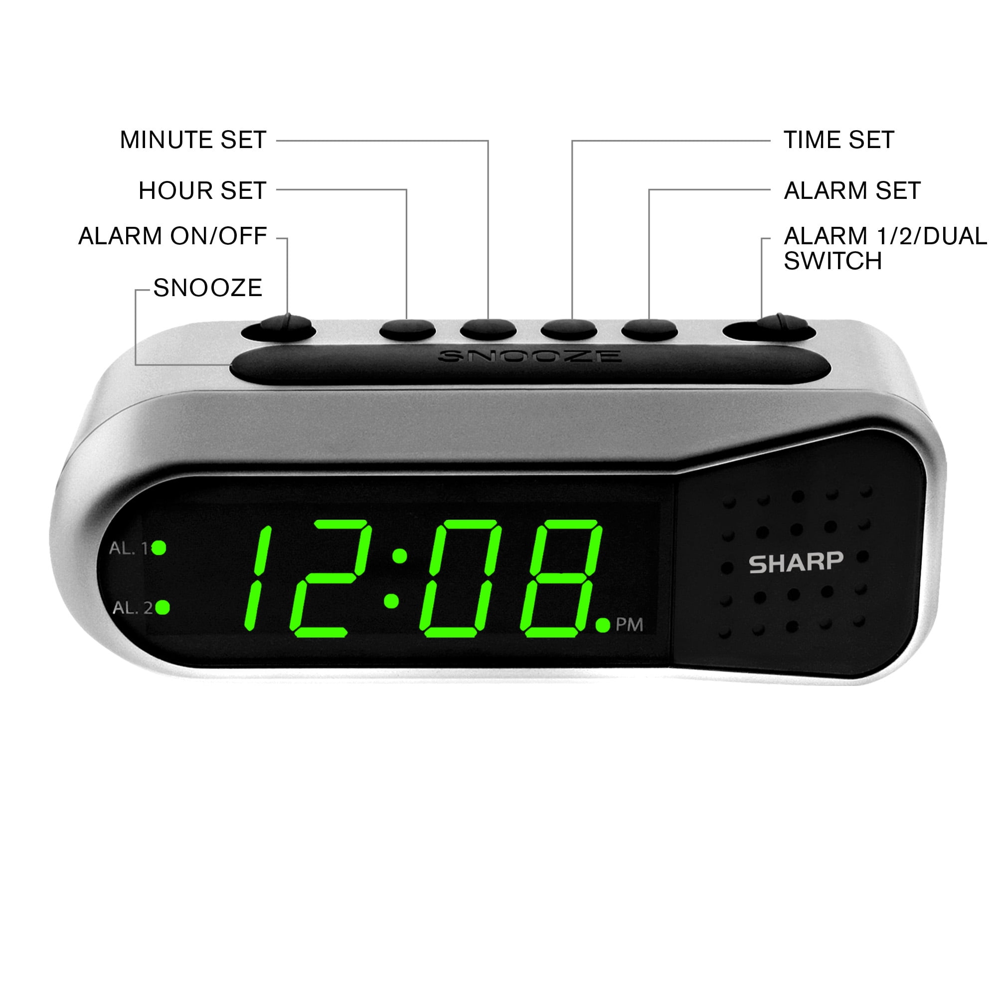 Sharp Ascending Alarm Clock, Silver Case with Green LEDs, SPC100D -