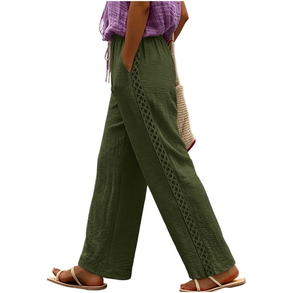 Women Lace Side Wide Leg Pants, Drawstring Elastic Waist Trousers, Side Pocket Loose Casual Pants, Boho Vacation Daily Pants