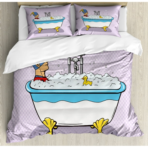 Comics Decor Queen Size Duvet Cover Set Superhero Fast Furious Relaxing In Bubble Bath Shower With Rubber Duck Artwork Decorative 3 Piece Bedding Set With 2 Pillow Shams Multicolor By Ambesonne
