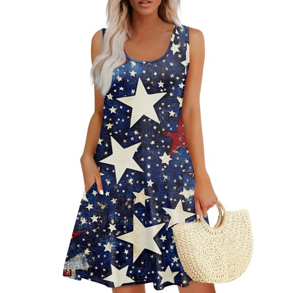 Women's Elastic Waist Sundress, Sleeveless Summer Casual Dress with Square Neck and Patriotic Print, Stylish Holiday Wear,Blue L