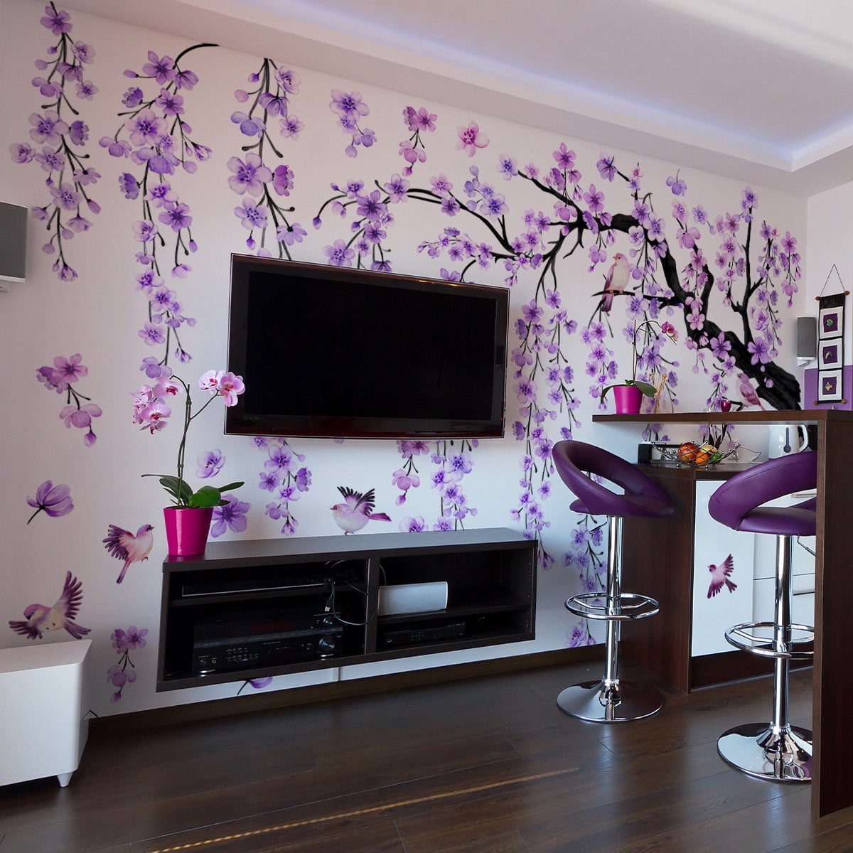 Large Tree Sticker purple Hanging Plants Wall Sticker Birds Flower Branches Wall Art Decals Transparent Wall Murals Peel and Stick Nature for Living Room Bedroom TV Wall glass dec