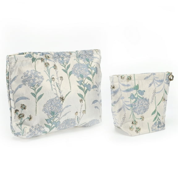 Unique Bargains 2 Pcs Women Portable Floral Makeup Bag for Outdoor Activities Travel Light Blue Canvas