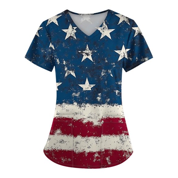 Scrubs For Women Tops, 4Th Of July V Neck Short Sleeve Workwear With Pockets Red White And Royal Blue American Flag Top Navy Scrubs Usa Shirts Womens Tops Shirt Tank Top (S, Blue) ZMTing